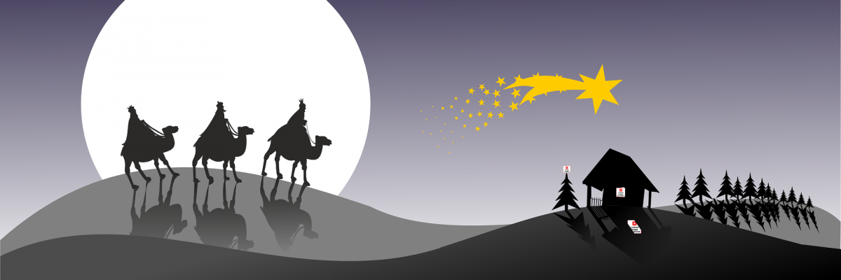 Eine Zeichnung der drei Könige auf Kamelen vor einem riesigen Mond. Recht steht der Stall einsam zwischen ein paar Bäumen, der Stern darüber